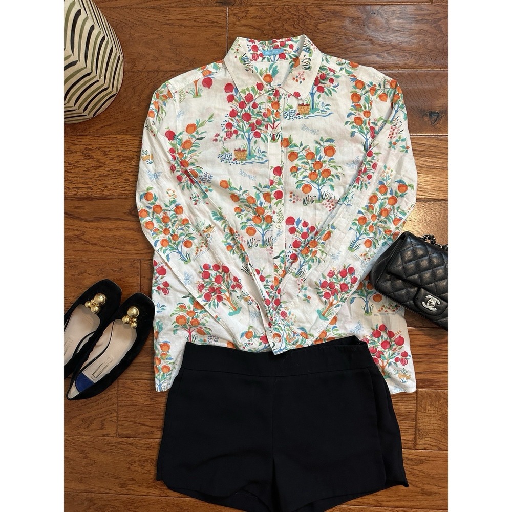 J.McLaughlin Womens Size S Pomegranate Orange Fruit Print Cotton Shirt Blouse